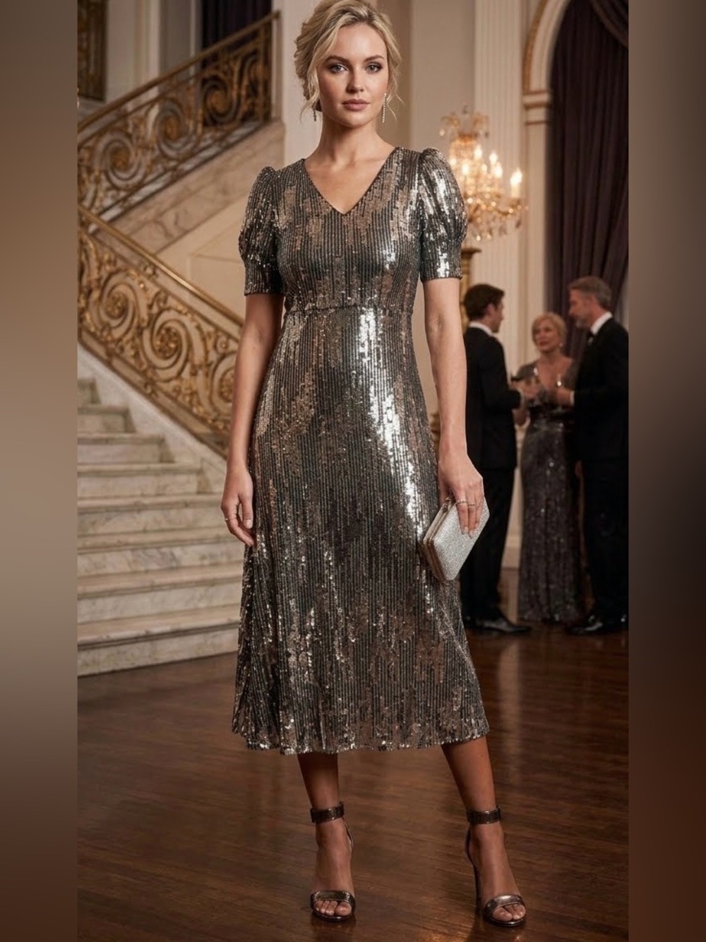 NWT VINCE CAMUTO Silver Sequin Midi Formal Dress Short Ruched Sleeves 0